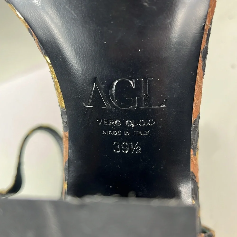 AGL‎ Attilio Giusti Leombruni  Snake Embossed Leopard Print Sandal Heel.